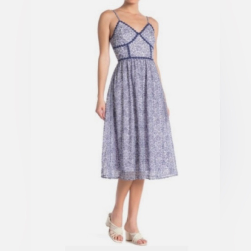 NSR Blue and White Lace-Detail Midi Dress